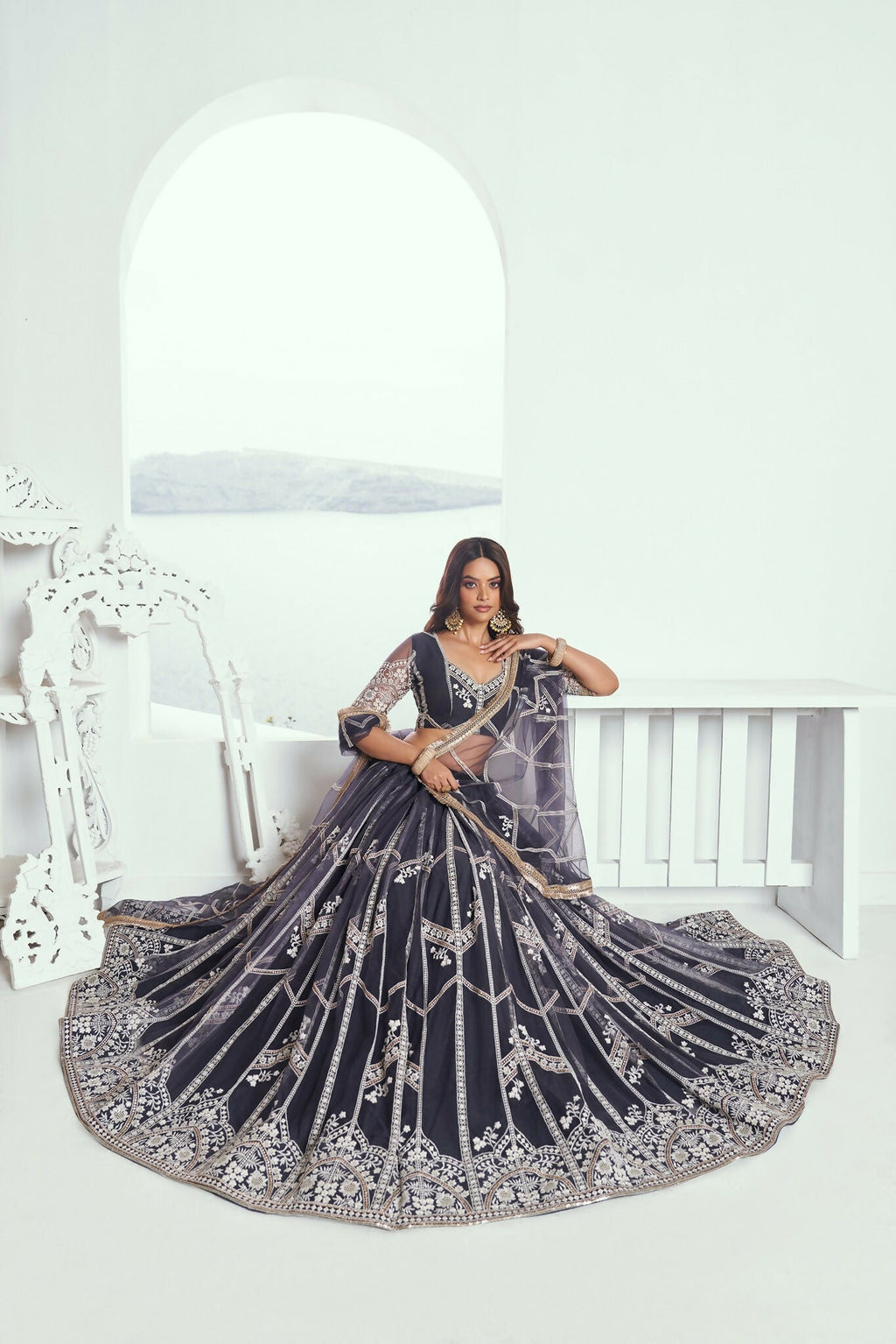 Eilara Appealing Dark Gray Net With Embroidered And Thread Zari Sequence Party Wear Lehenga Choli