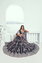 Eilara Appealing Dark Gray Net With Embroidered And Thread Zari Sequence Party Wear Lehenga Choli