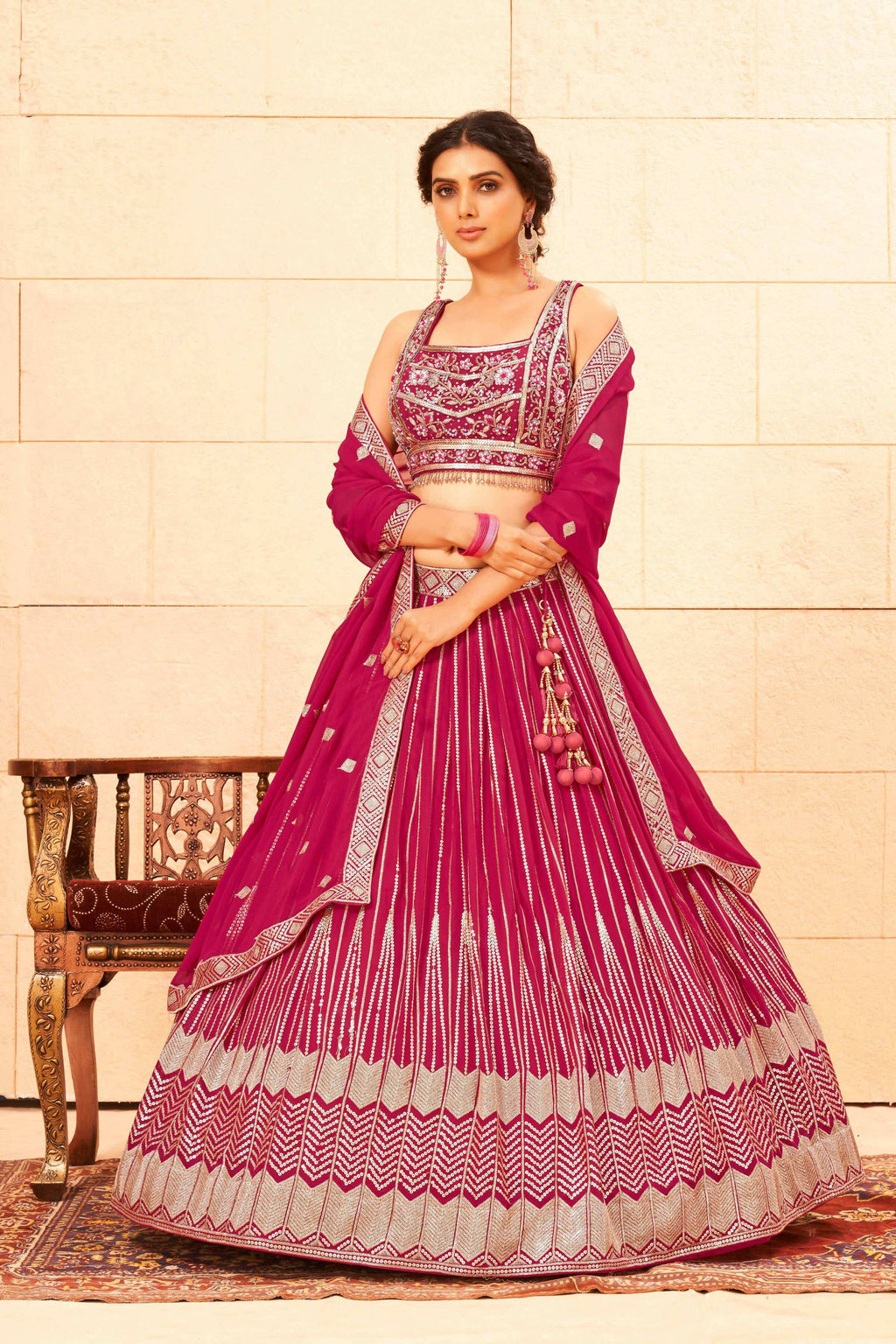Pink Faux Georgette Embroidery sequence work Lehenga Choli with Dupatta - Dhvani