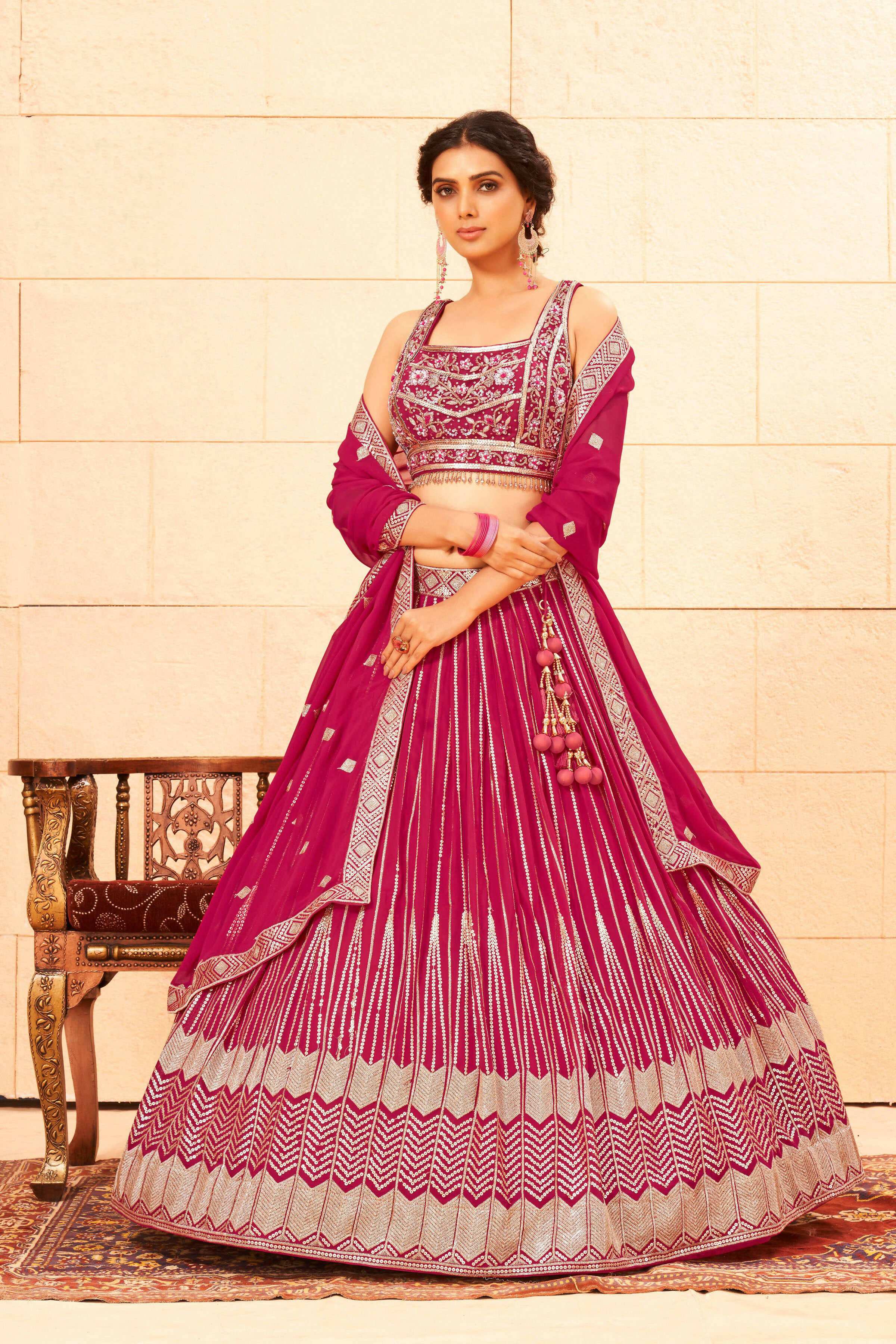 Pink Faux Georgette Embroidery sequence work Lehenga Choli with Dupatta - Dhvani