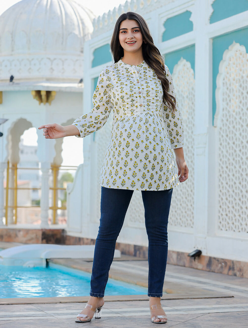 Kaajh Women's Yellow-White Floral Hand Block Printed Cotton Top
