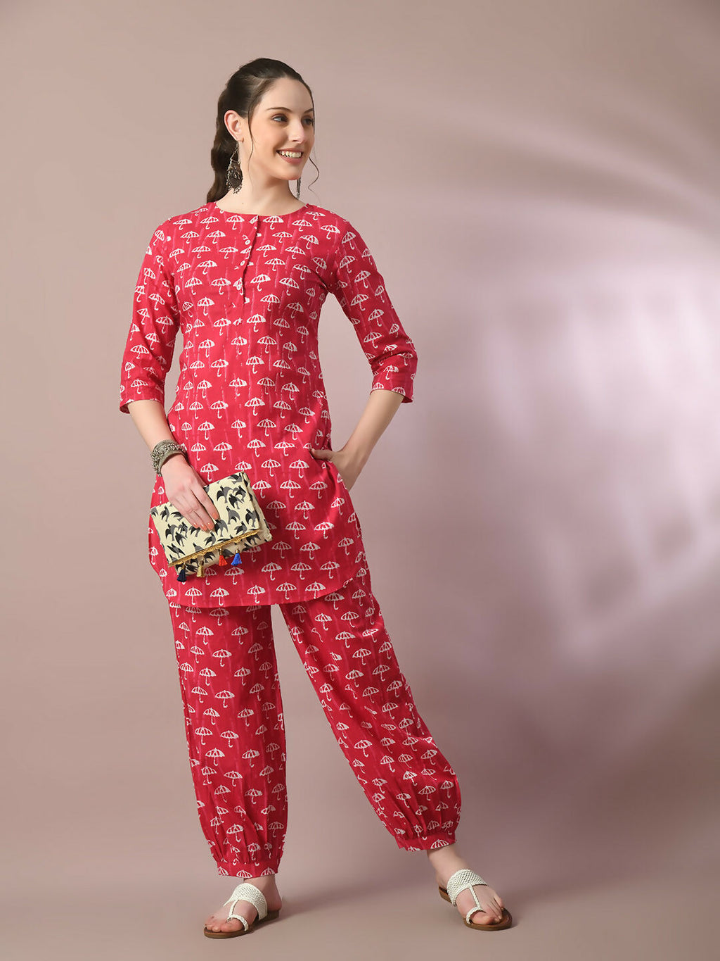 Myshka Women's Pink Printed Cotton Round Neck Party Tunic With Trousers Co-ord set
