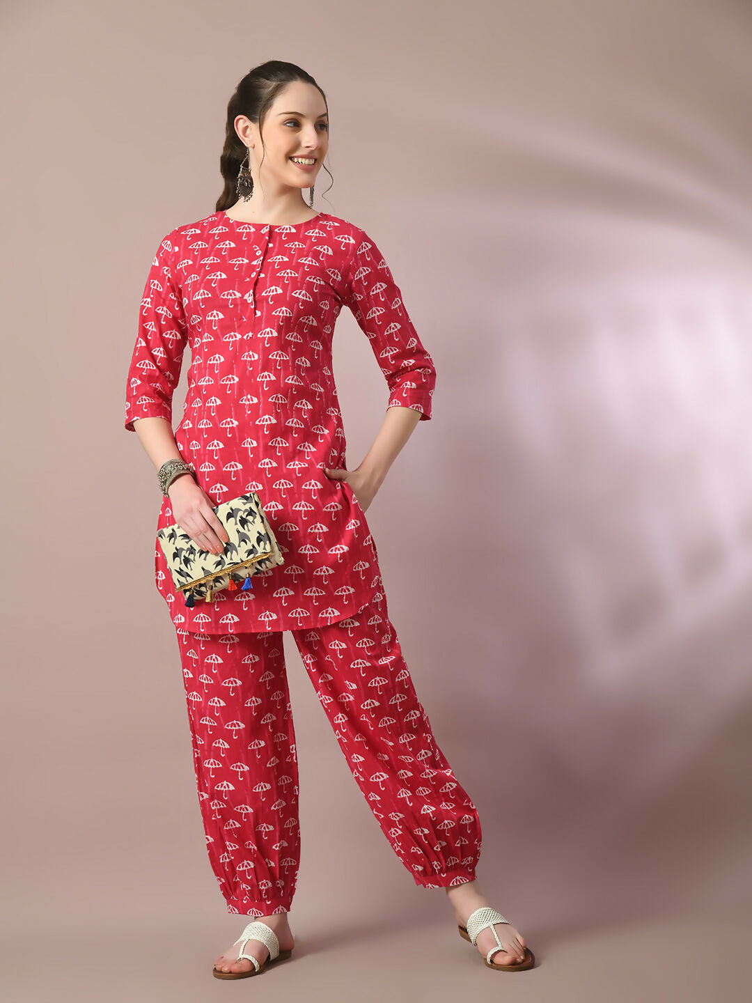 Myshka Women's Pink Printed Cotton Round Neck Party Tunic With Trousers Co-ord set