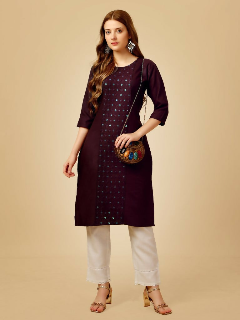 Jyoti Fashion Women's Wine Cotton Blend Embroidered Kurta Pant Set