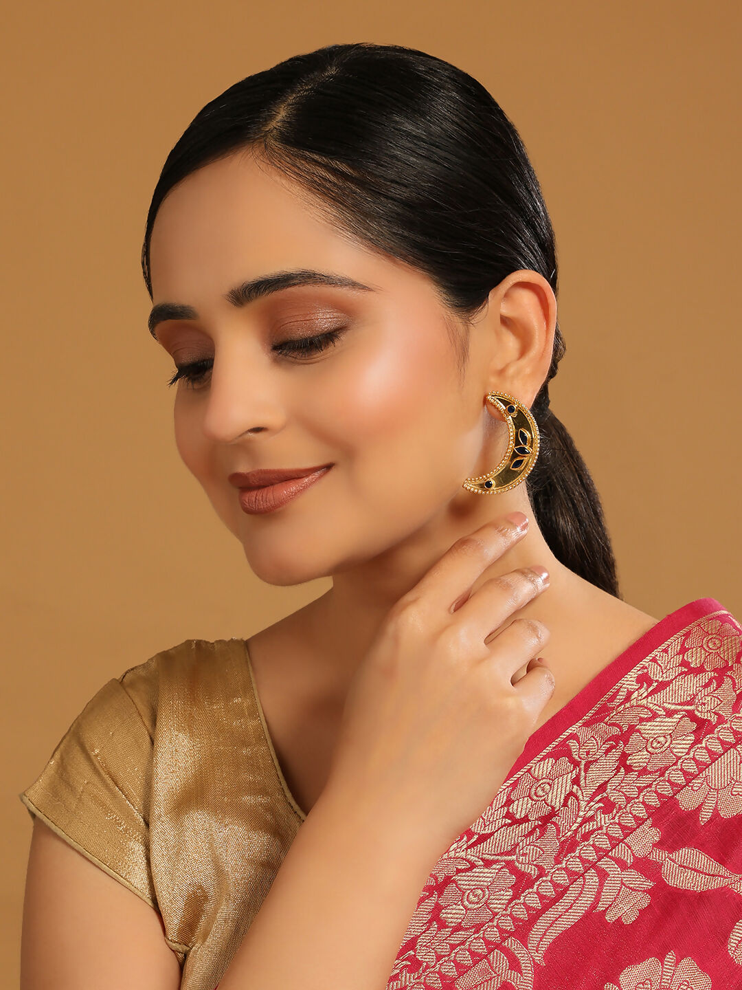 Nuyug 22K Gold-Plated Stone Studded Crescent Shaped Stud Earrings - Distacart