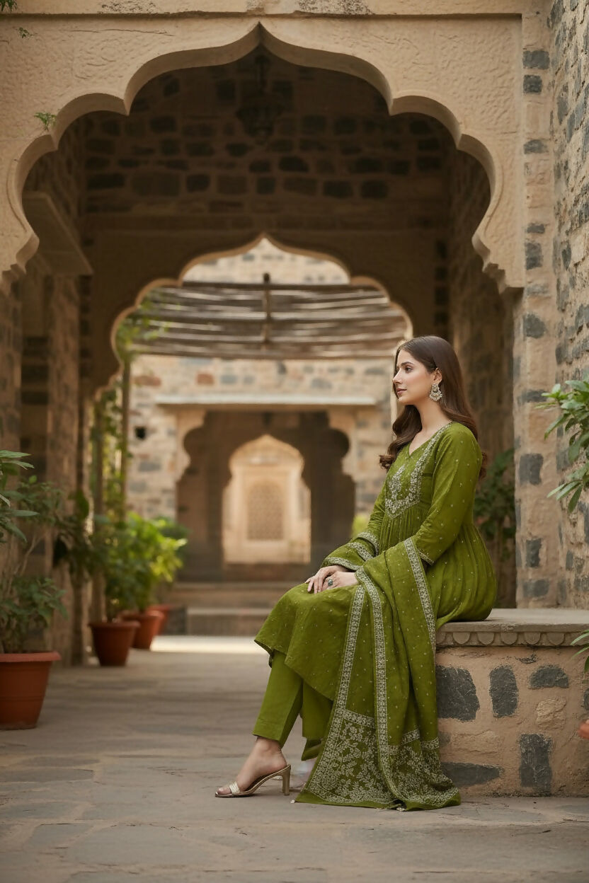 The52 Women's Beautiful Cotton Fabric Embroidery Work Flared Anarkali Pant and Dupatta Set - Distacart
