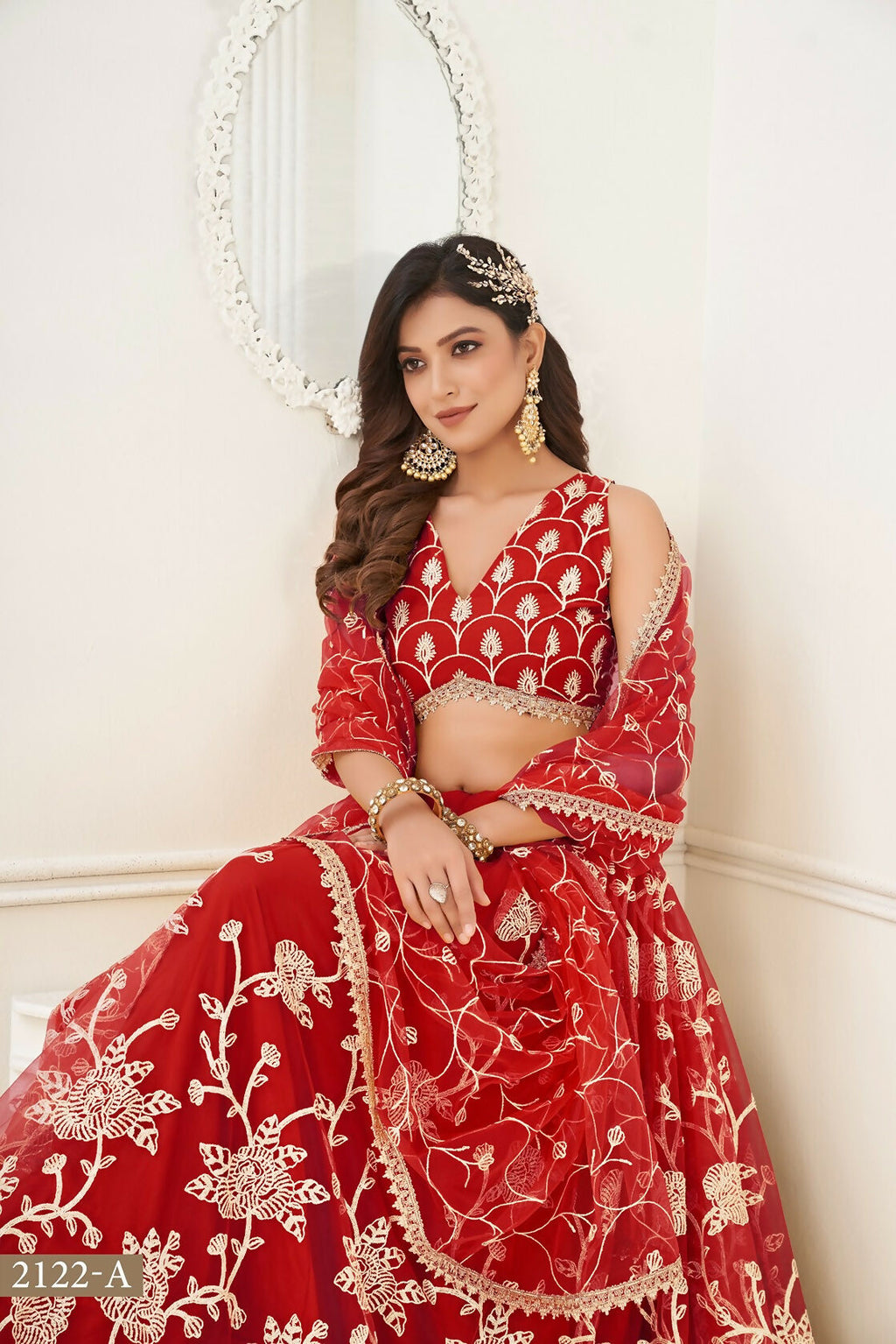 Eilara Women'S Red Butterfly Net With Sequins And Embroidery Work Lehenga Choli For Wedding