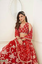 Eilara Women'S Red Butterfly Net With Sequins And Embroidery Work Lehenga Choli For Wedding
