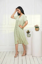 Myshka Women Green Ethnic Motifs Rayon A-Line V-Neck Dress - Distacart
