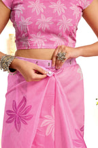 Joban Fashion Pink Floral Linen Ready To Wear Saree With Unstitched Blouse - Distacart