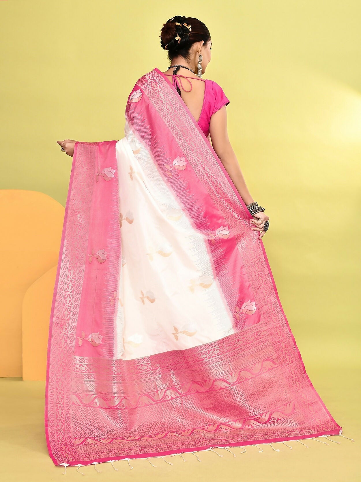 Joban Fashion White & Rani Pink Plain With Weaving Border Banarasi Silk Sarees