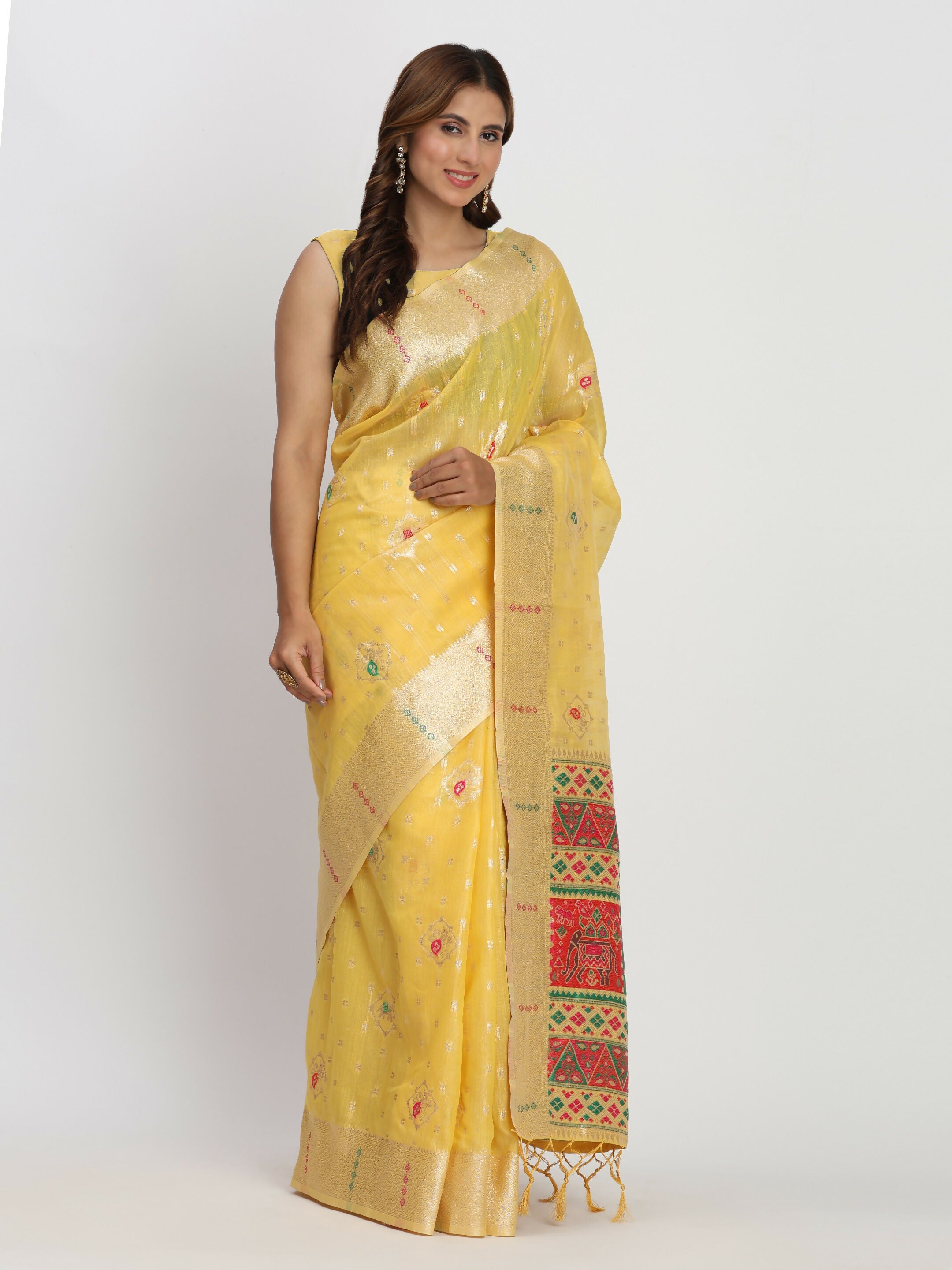Shree Shyam Fashion Linen Cotton Yellow Saree - Distacart