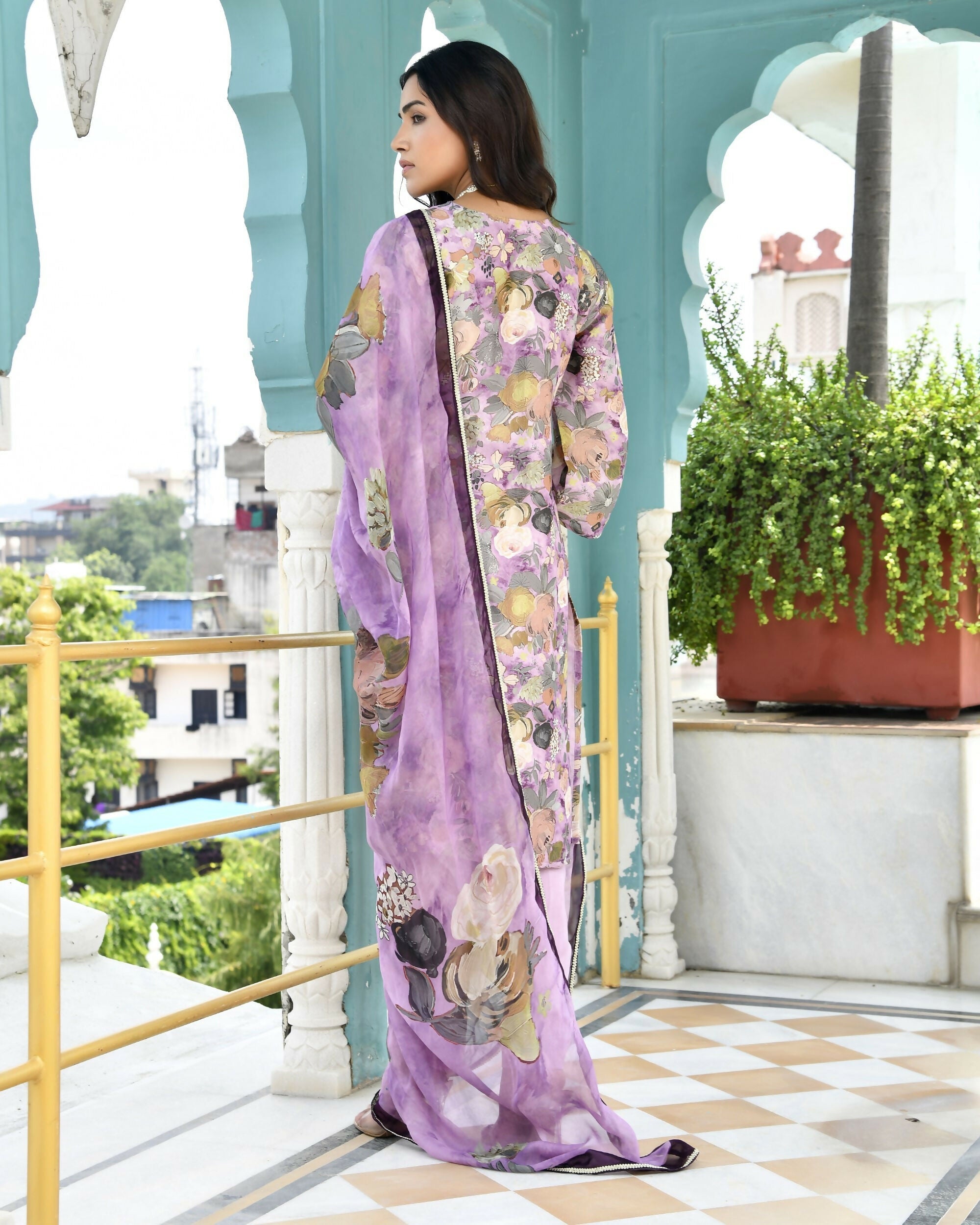 Vaasva Women's Purple Tissue Gota Embroidered Suit Set With Solid Pant And Embroidered Dupatta