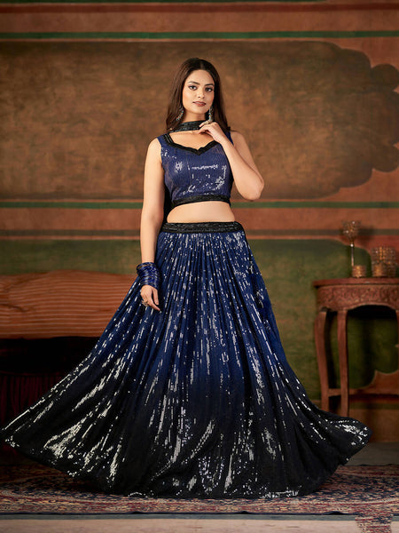 Wedding Designer Navy Blue Nylon Georgette Readymadelehenga Choli - Anbazaar