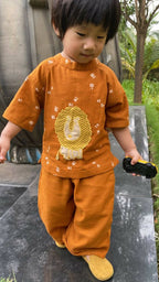 Mhyssa Oscar Half Sleeve Orange and Yellow T-shirt With Full Length Pant Set For Kids