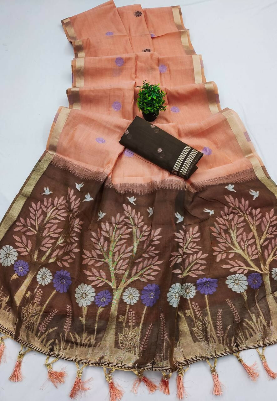 Vastranavya Peach Muga Cotton Meenakari & Azarakh Pallu Saree with Contrast Blouse - Distacart