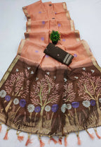 Vastranavya Peach Muga Cotton Meenakari & Azarakh Pallu Saree with Contrast Blouse - Distacart