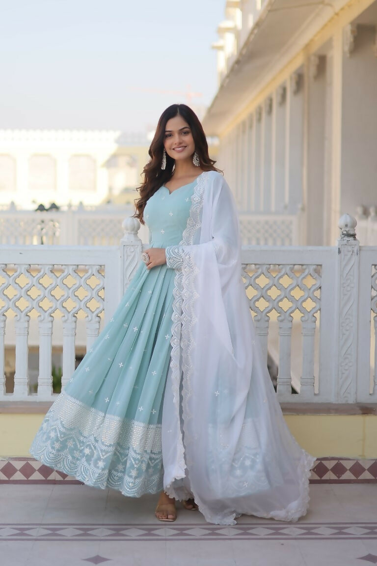 Jyoti Fashion Women's Turquoise Faux Georgette Sequins Thread Embroidery Anarkali Dress with Dupatta