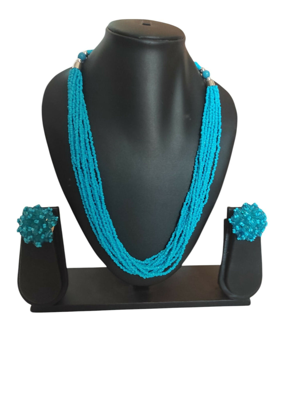 Inhanns Bloom Handmade Beaded Necklace With Earrings - 12 Layers - Skey Blue Necklace Set