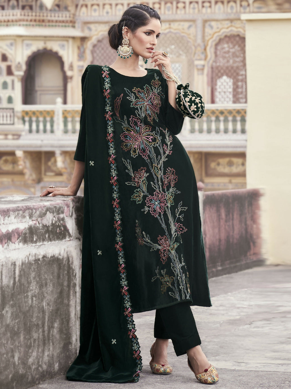 Jyoti Fashion Women's Green Velvet Resham Thread with Jari & Sequin Kurta with Trouser & Dupatta