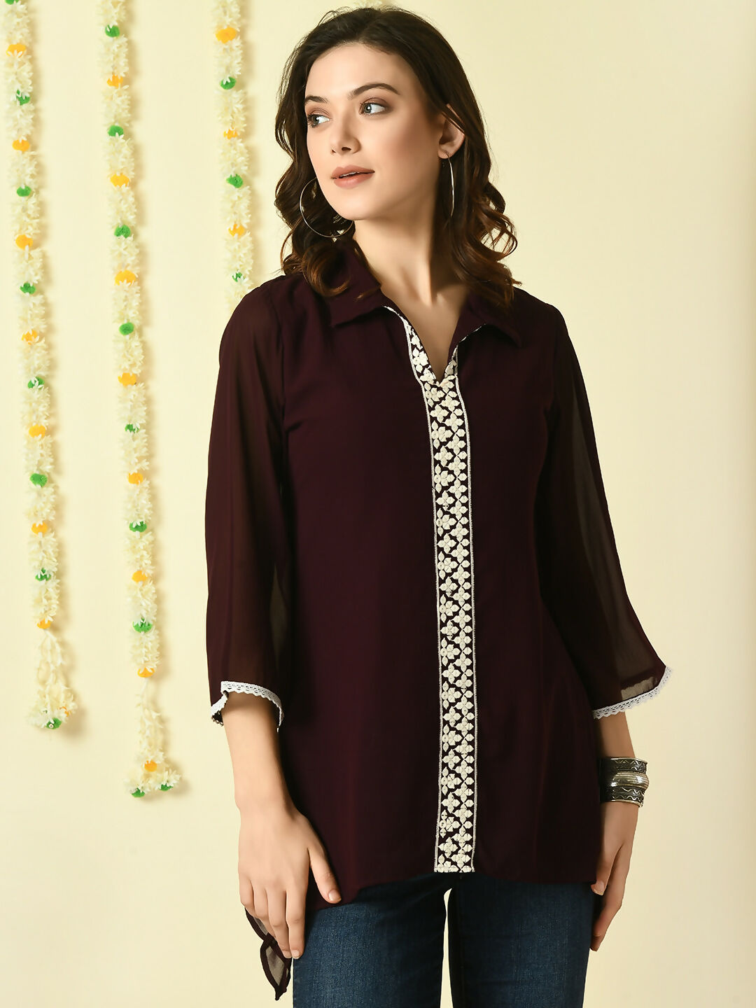 Myshka Women's Coffee Brown Embroidered Party Fusion Top