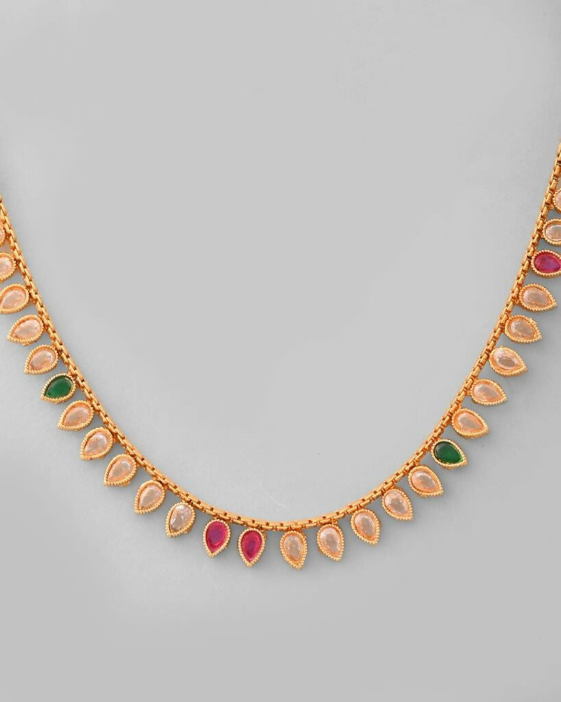 VOJ Gold Tone Stone Studded Drop Shaped Jewellery Set