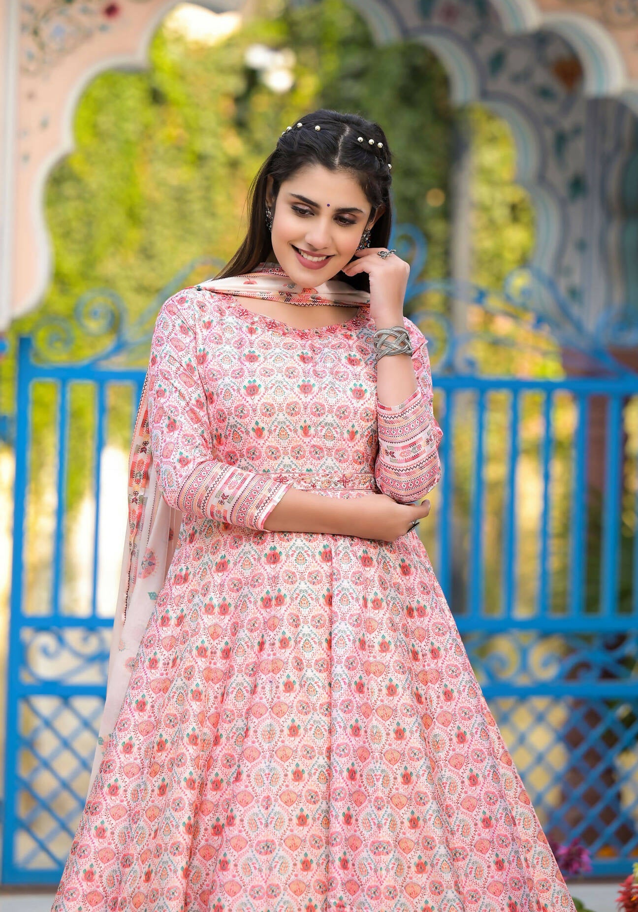 Functional Designer Off White-Light Pink Dola Silk Anarkali suit with Dupatta - Ramya
