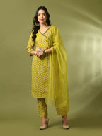 Myshka Women's Yellow Printed Cotton Straight Party Kurta Set With Dupatta