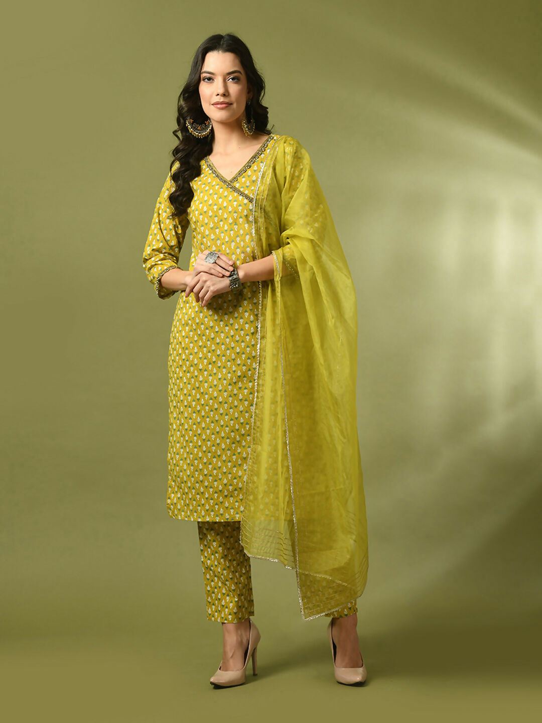 Myshka Women's Yellow Printed Cotton Straight Party Kurta Set With Dupatta