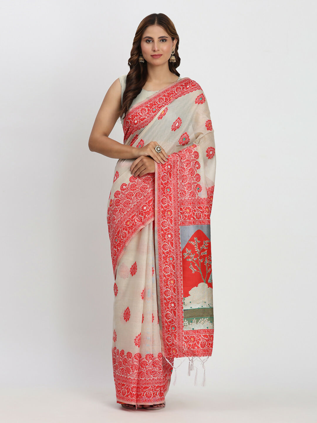 Shree Shyam Fashion Linen Cotton Cream & Red Saree - Distacart