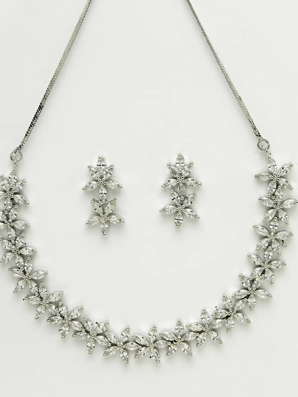 NVR Women Silver Plated Cz Stone Handcrafted Jewellery Set