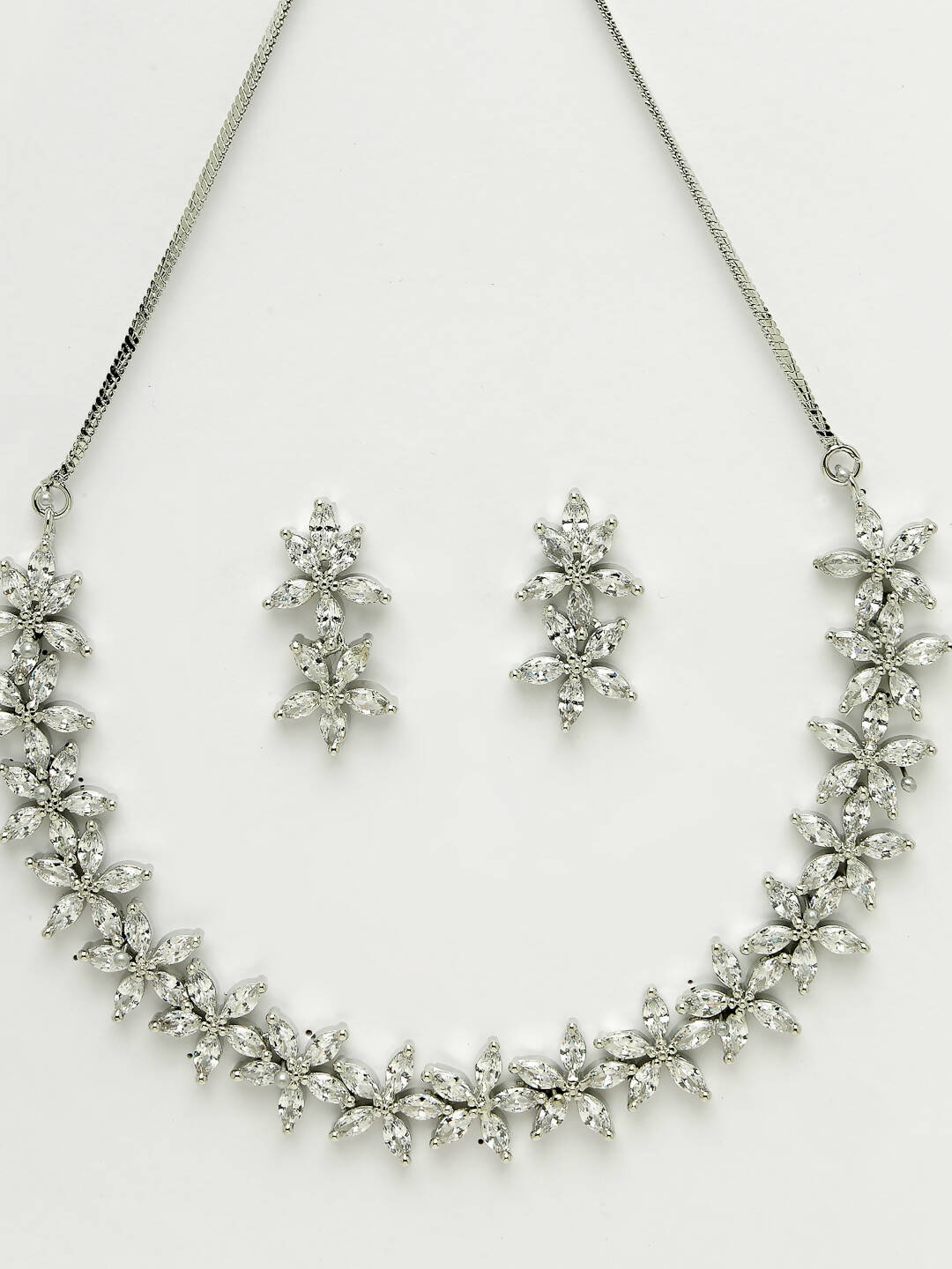 NVR Women Silver Plated Cz Stone Handcrafted Jewellery Set