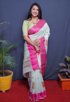 Jyoti Fashion Women's Magenta Linen Silk Digital Print with Jacquard Woven Border Saree with Blouse