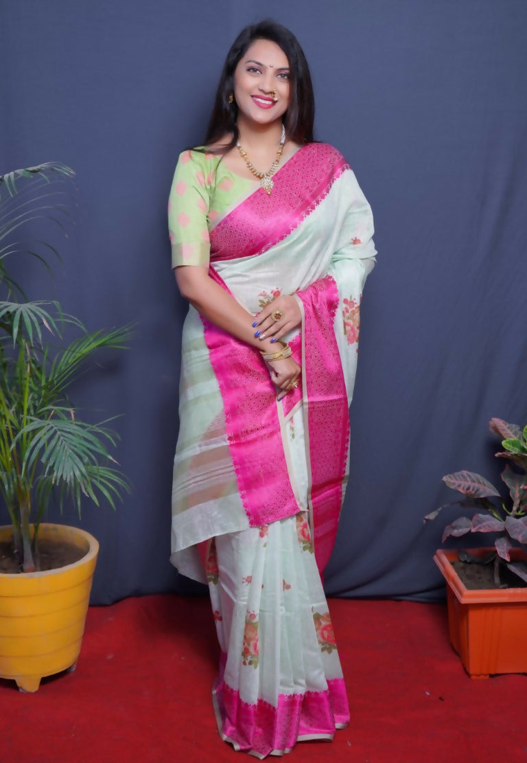 Jyoti Fashion Women's Magenta Linen Silk Digital Print with Jacquard Woven Border Saree with Blouse