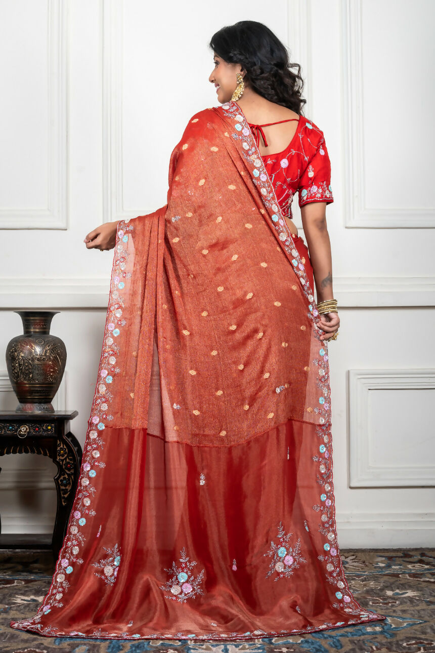 Morchari Rust Red Pure Chiffon Hand Embroidery Saree And Stitched Blouse - Distacart