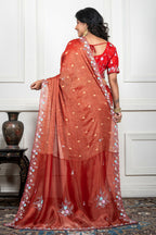 Morchari Rust Red Pure Chiffon Hand Embroidery Saree And Stitched Blouse - Distacart