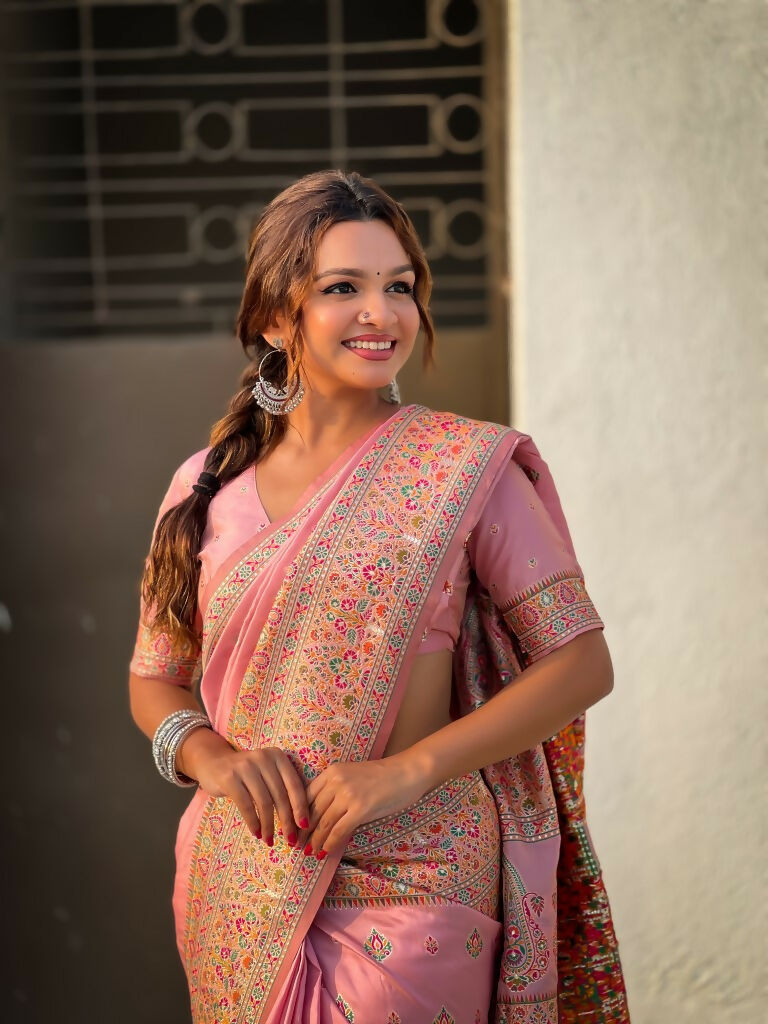 Pink Pashmina Silk Wevon Kashmiri Meenakari Designer Saree with Unstitched Blouse - Vandini