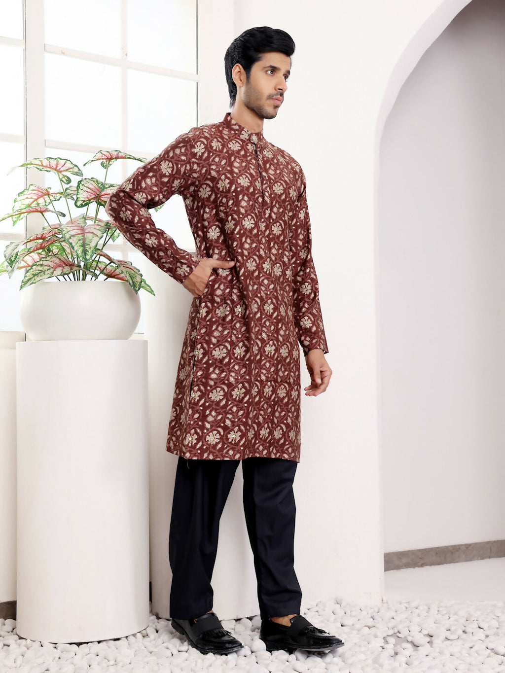 Maroon Modal Silk Designer Printed Men's Kurta - Mahotsav