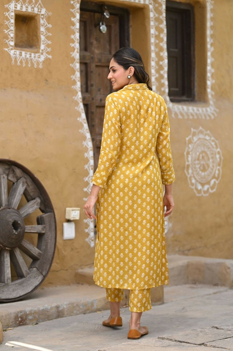 Aayaa Pure Muslin printed Kurti & Pant - Mustard yellow
