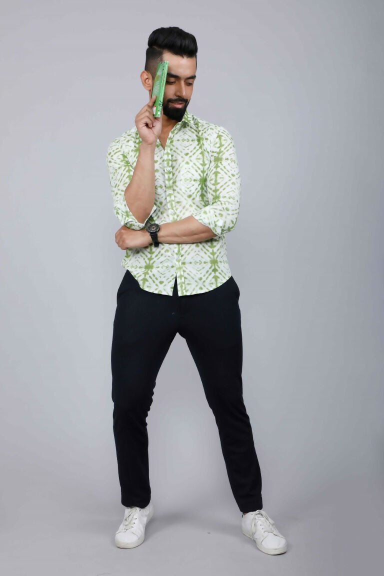 Miravan Men's Premium Green and White Slim Fit Tie Dye Cotton Shirt