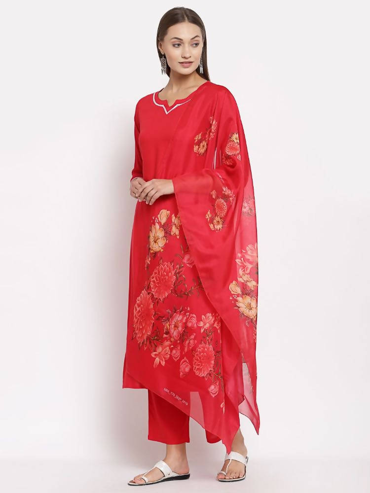 Myshka Women's Red Cotton Solid 3/4 Sleeve Square Neck Casual Kurta Pant Dupatta Set