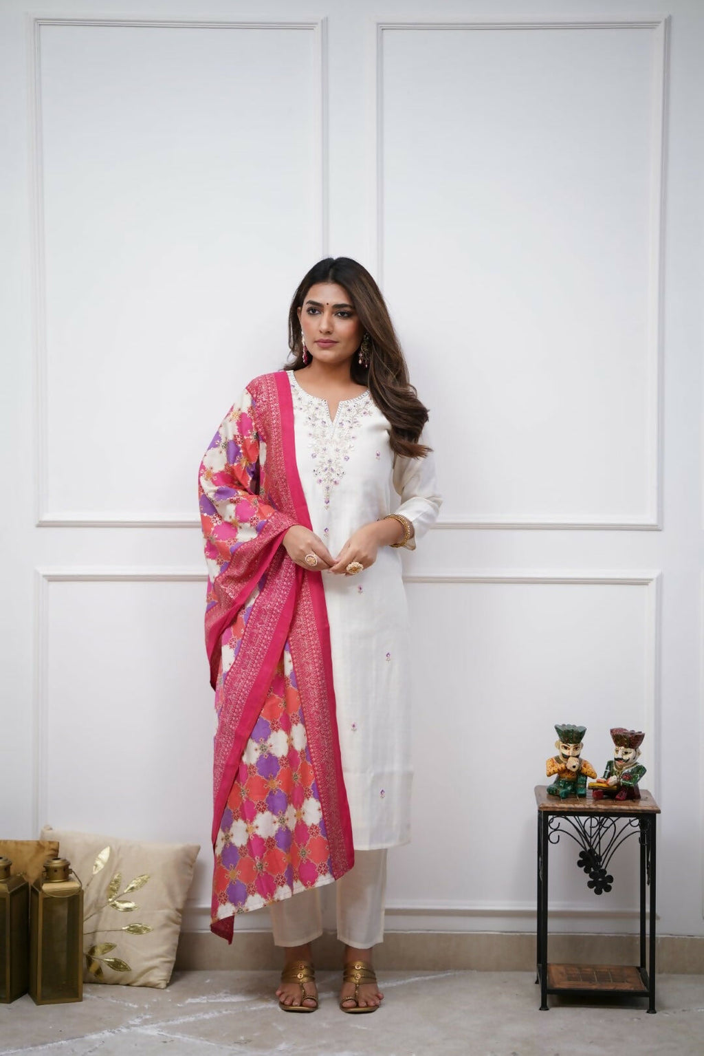 The52 Off White Beautiful Embroidered Viscose Chanderi Fabric Straight Kurta Pant with Dupatta Set - Distacart