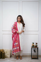 The52 Off White Beautiful Embroidered Viscose Chanderi Fabric Straight Kurta Pant with Dupatta Set - Distacart