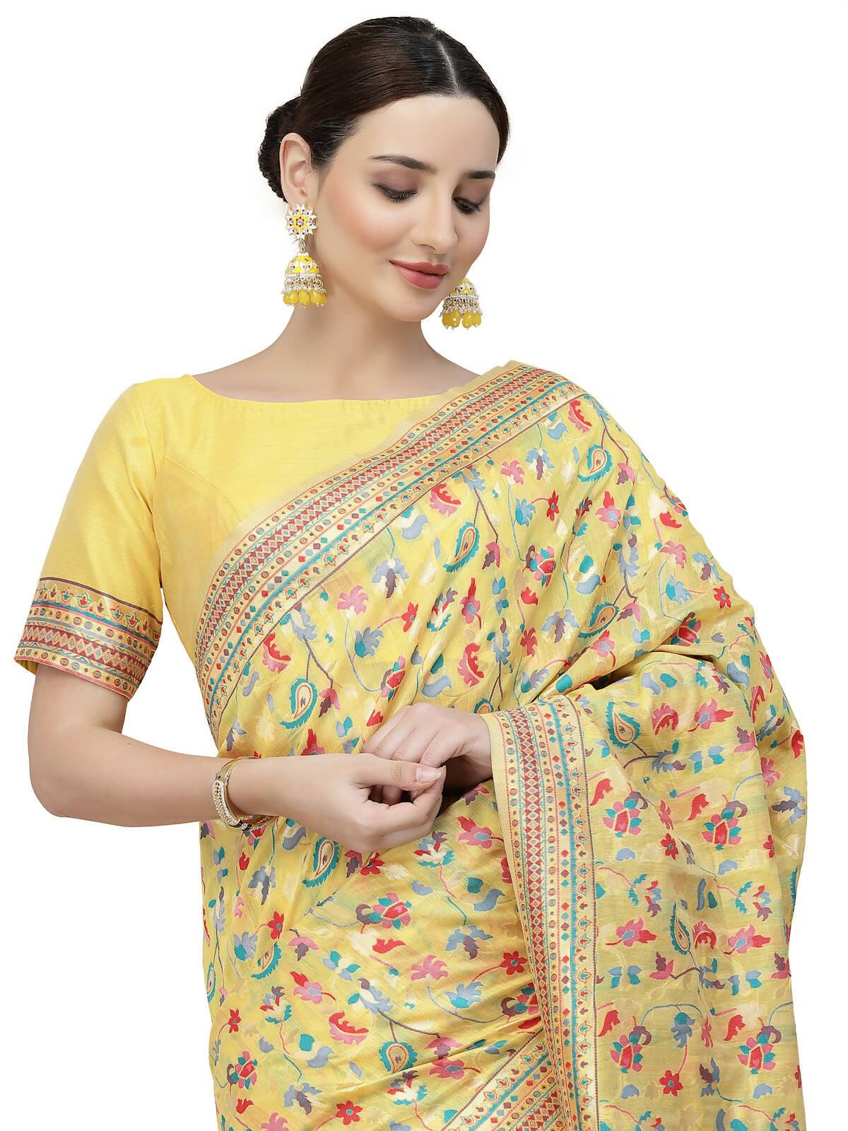 Yellow Silk Blend Woven Design Saree With Unstitched Blouse Piece - Aloki