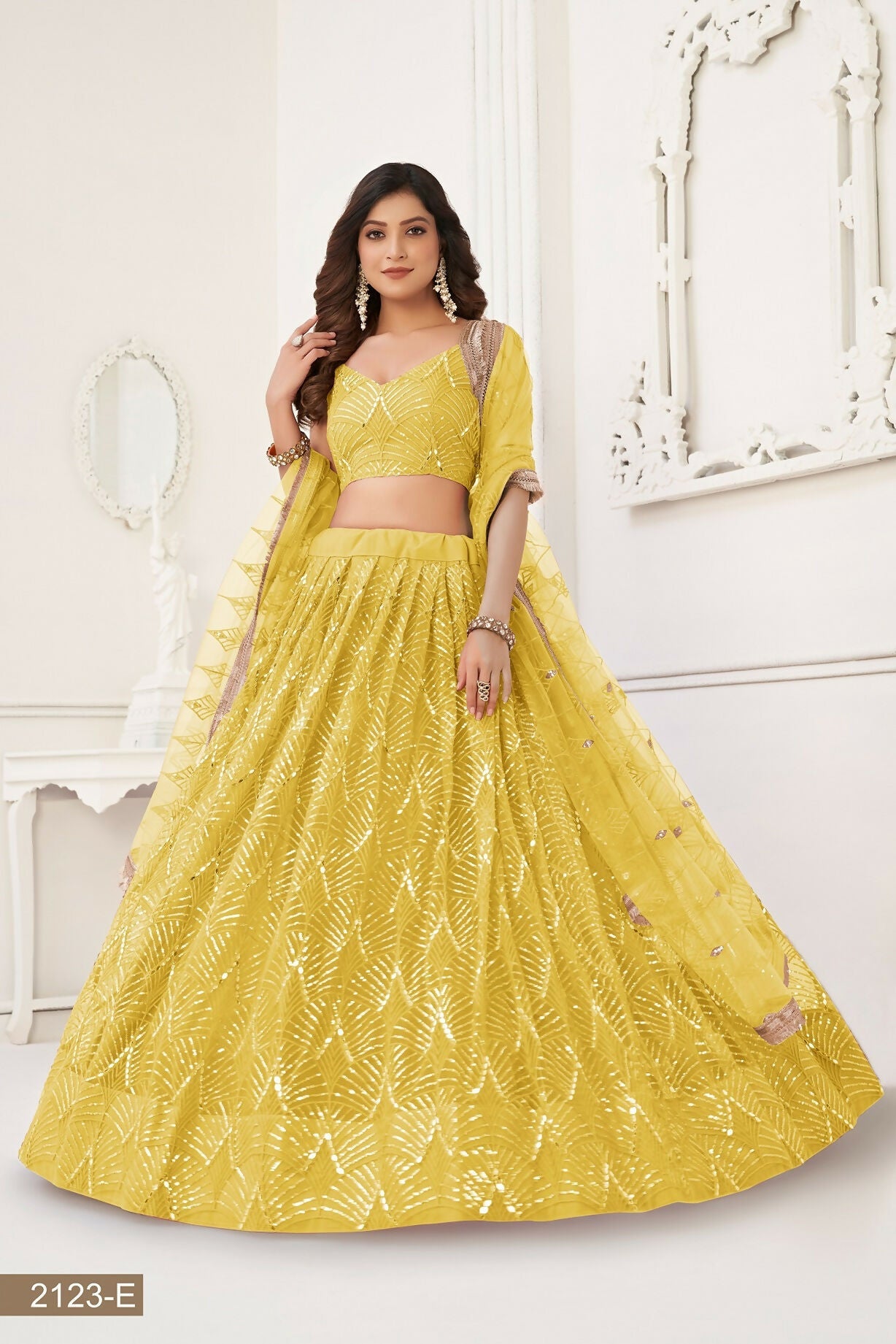 Eilara Glamorous Yellow Net With Sequins And Thread Embroidery Real Mirror Work Lehenga Choli For Wedding
