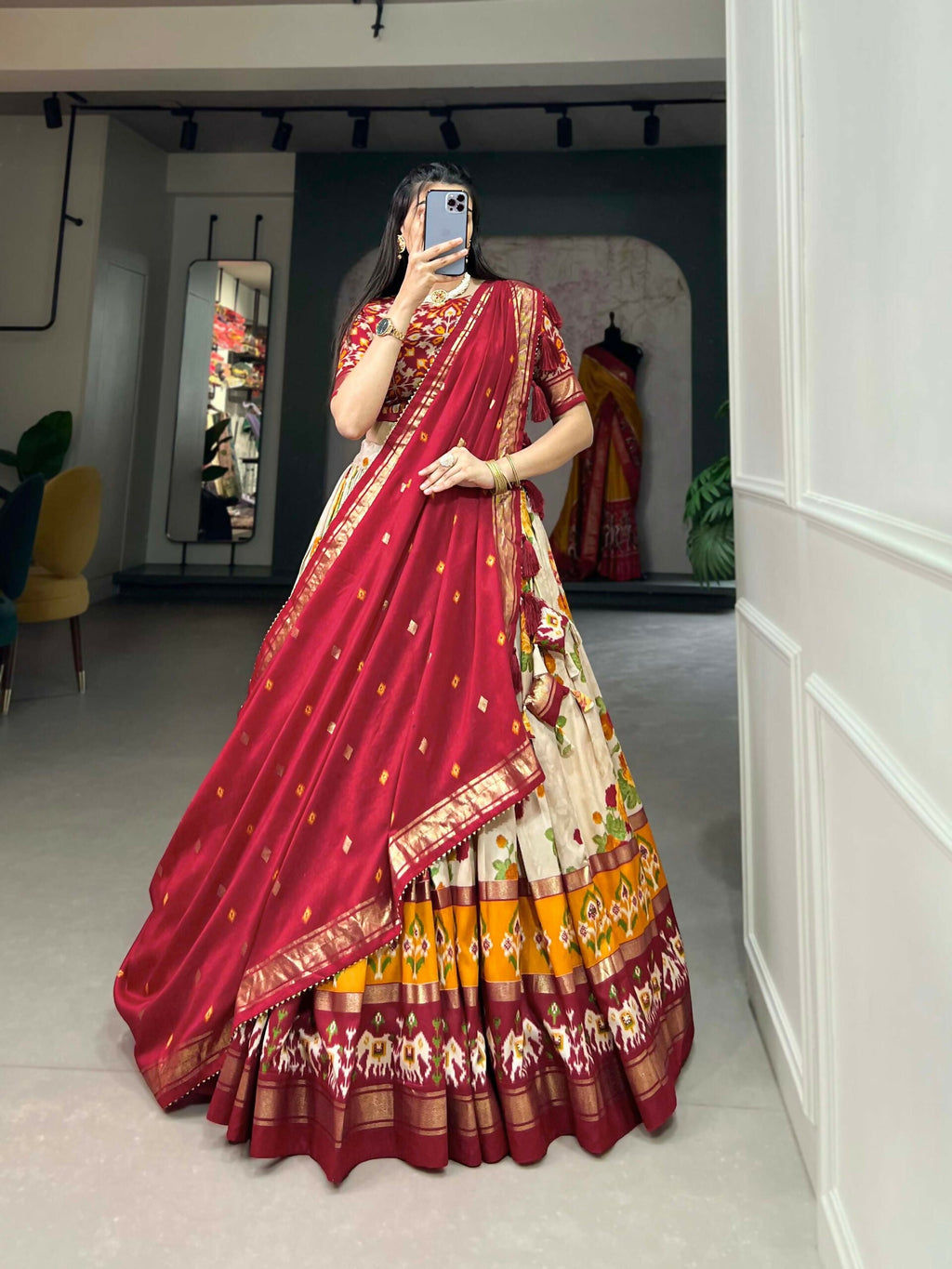 Vastranavya Floral And Patola Print With Foil Work Lehenga with Unstitched Blouse - Red