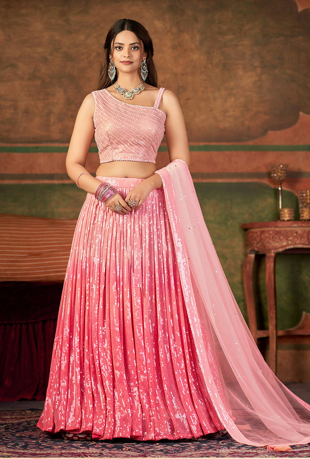 Wedding Designer Pink Nylon Georgette Readymade Lehenga Choli - Anbazaar - Distacart