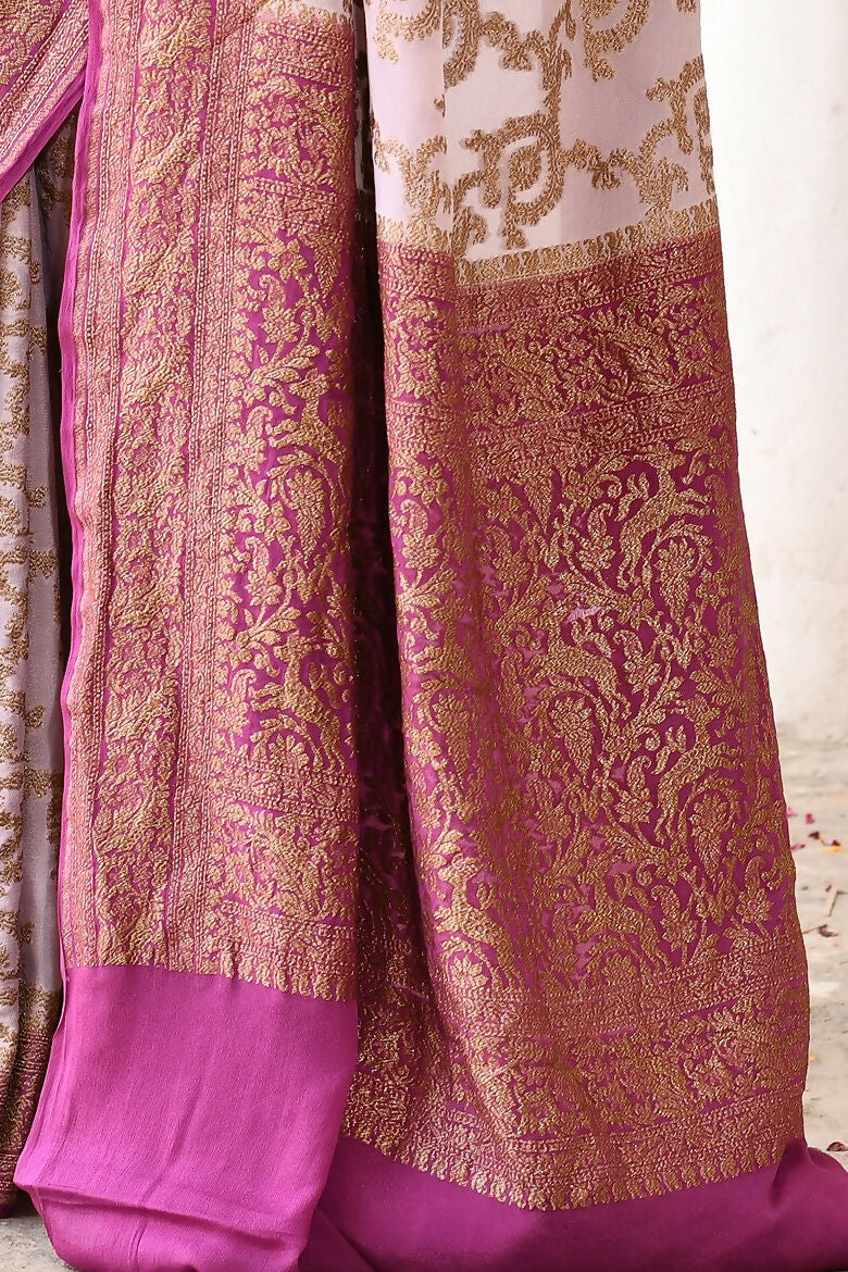 Joban Fashion Pastel Lilac Crepe Chiffon Pure Handloom Banarasi Silk Saree