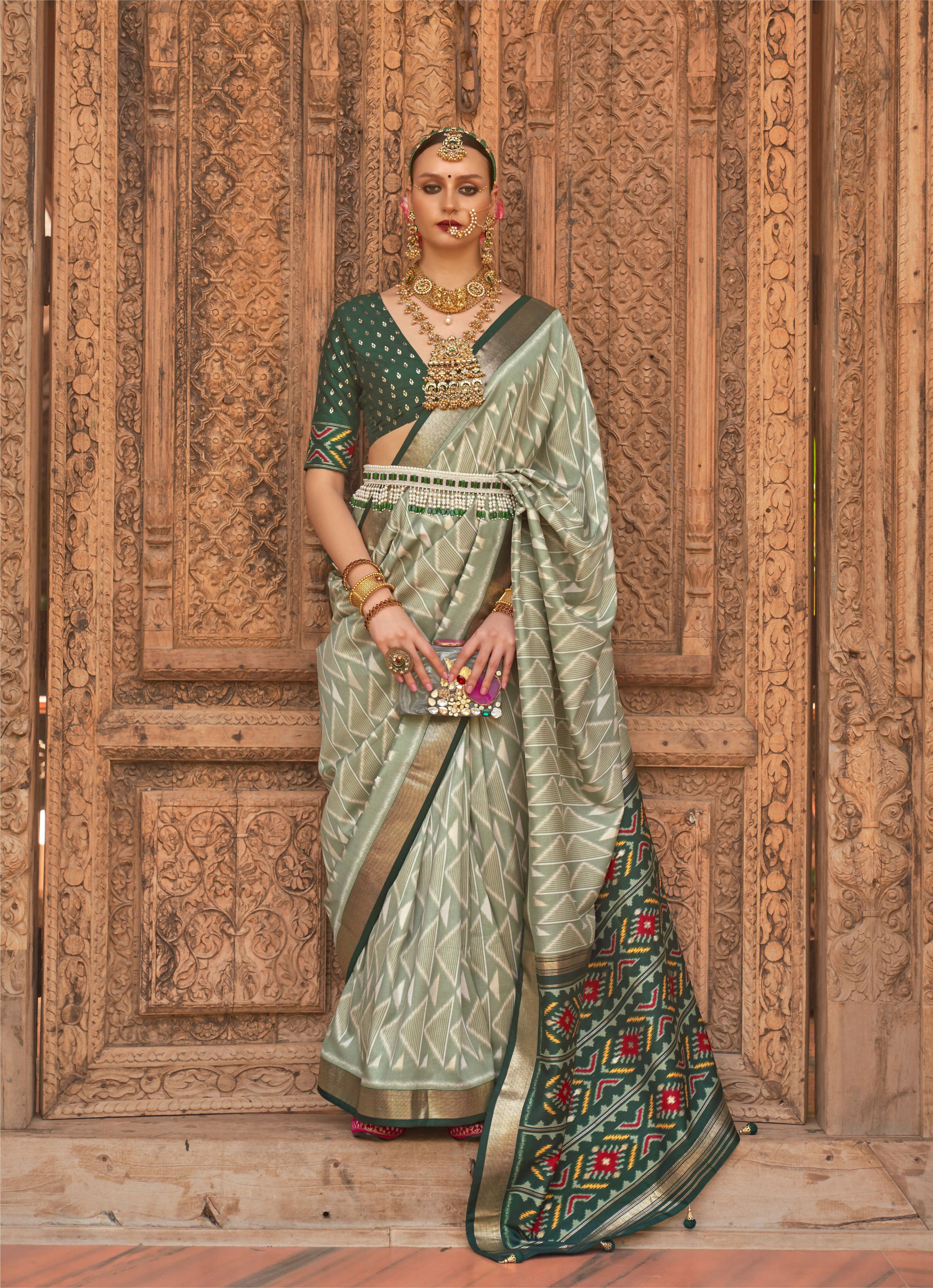 Light Green Silk Geometric Printed Saree With Unstitched Blouse Piece - Aanchal