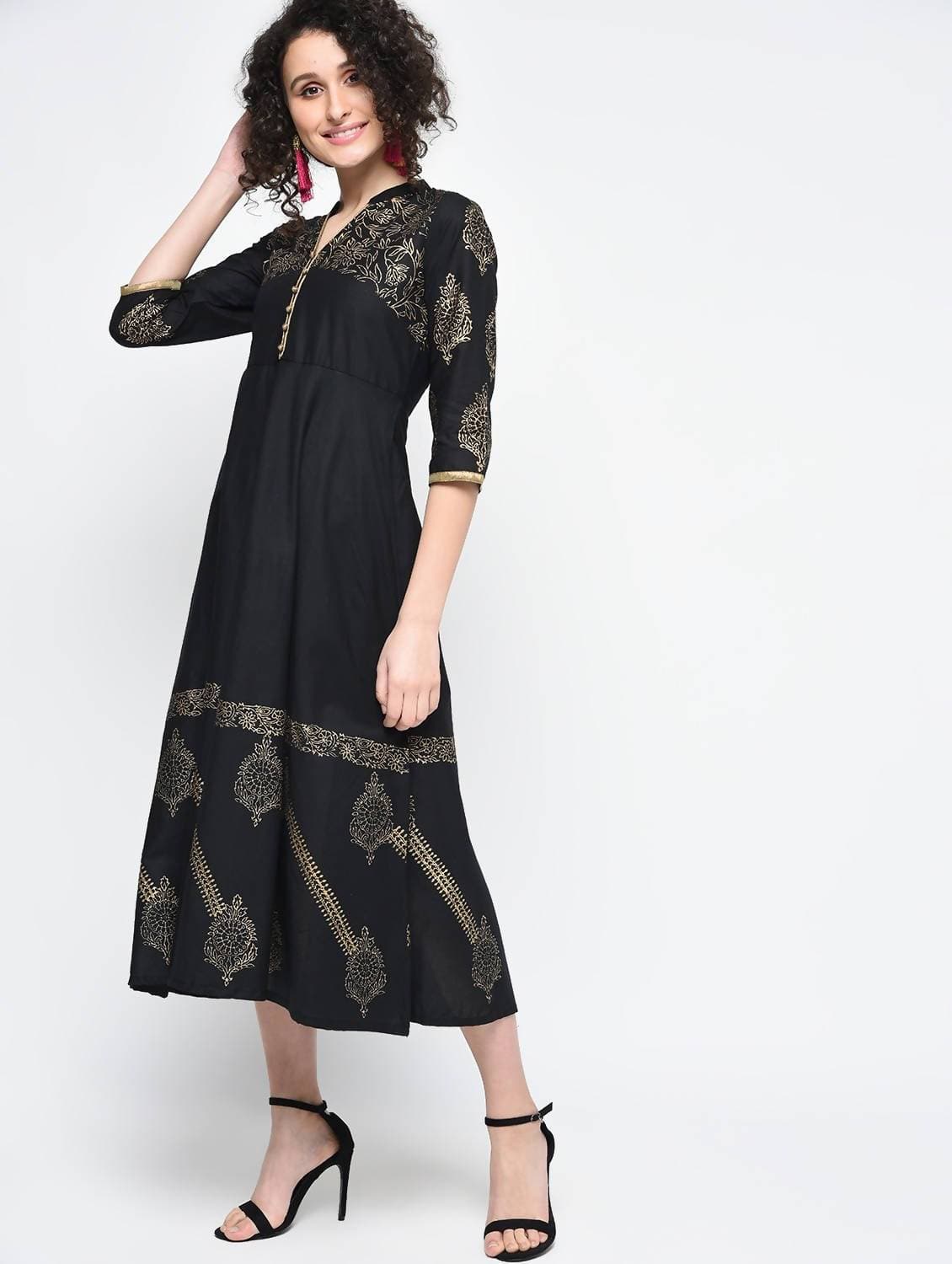 Cheera Hand Block Print Black Anarkali Party Wear Kurta